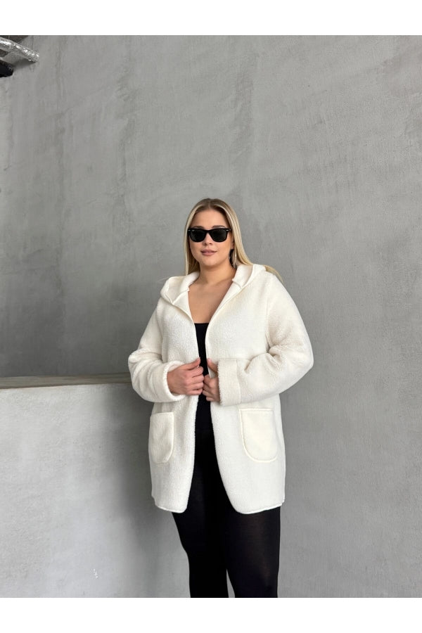 Büyük Beden Önü Kapamasız Cepli Kapüşonlu İnce Peluş Ceket 301256 Vervegrand