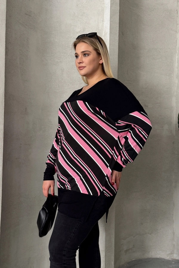 Büyük Beden V Yaka Uzun Kollu Bileği Lastikli Yırtmaçlı Bluz 303086 Vervegrand