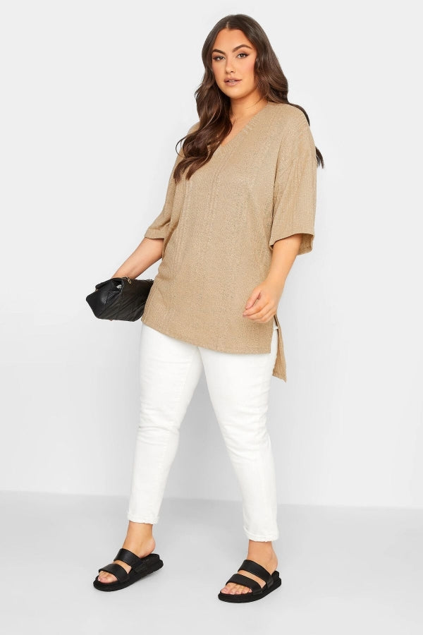 Büyük Beden V Yaka Yarım Kollu Yırtmaç Detaylı Bluz 301226 Vervegrand