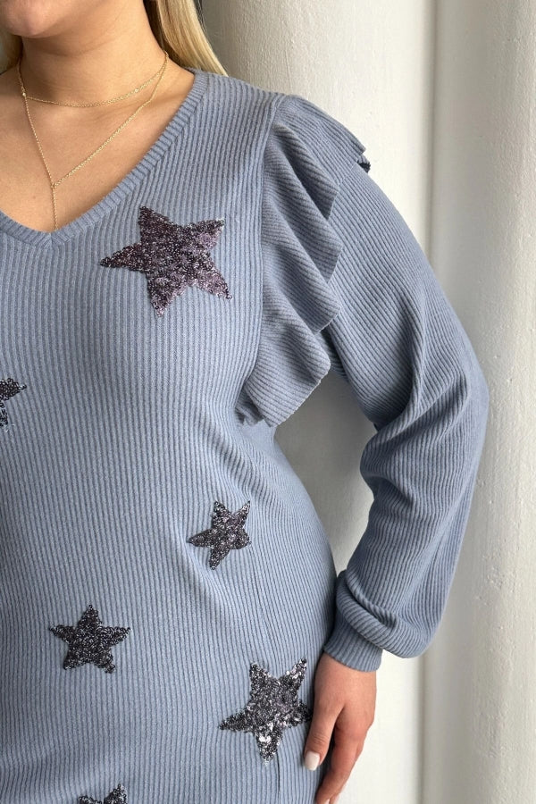 Büyük Beden Uzun Kolları Fırfırlı Yıldız Desen İşlemeli Bluz 301234 Vervegrand