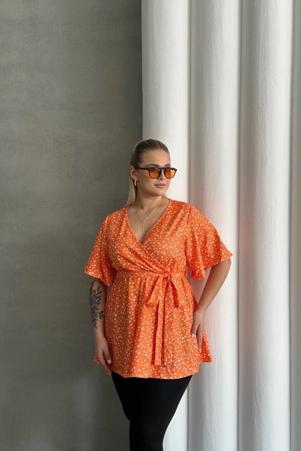 Büyük Beden Kısa Kollu V Yaka Önü Bağlama Detaylı Bluz 97-40 Vervegrand