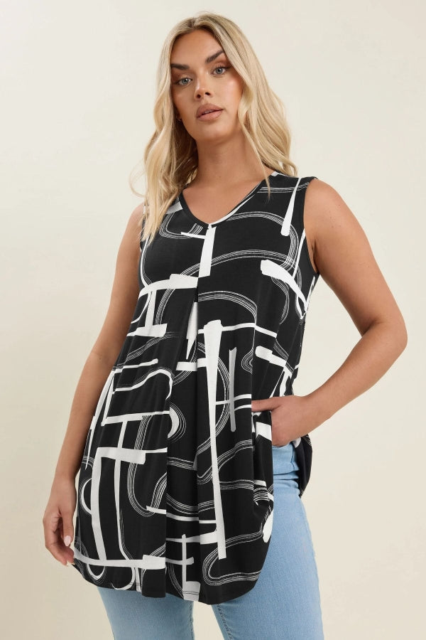 Büyük Beden V Yaka Sıfır Kol Pileli Desenli Likralı Bluz 304105 Vervegrand