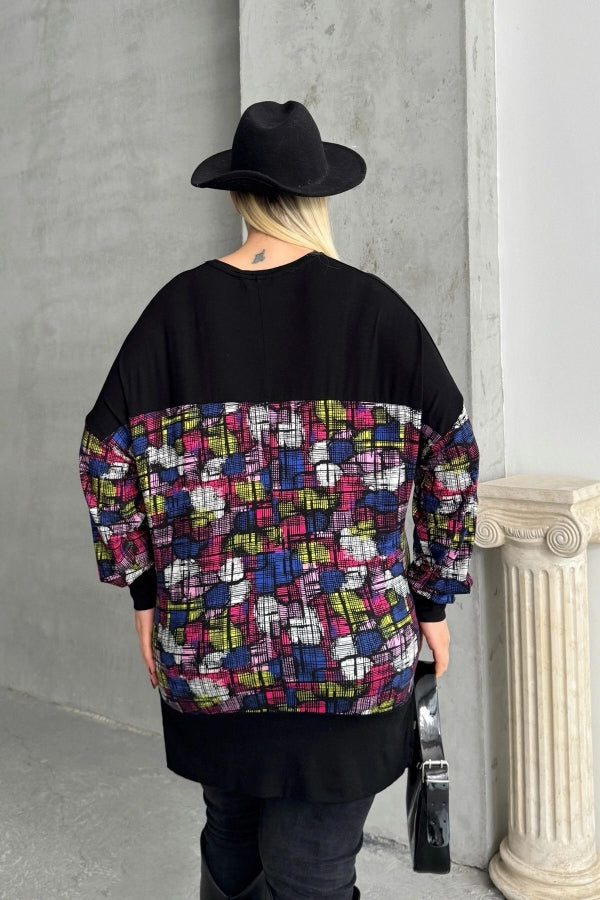 Büyük Beden Uzun Kollu V Yaka Yanı Yırtmaçlı Desenli Bluz 89-45 Vervegrand