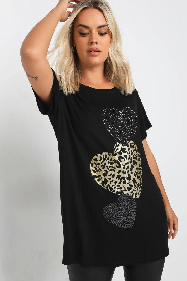 Büyük Beden Desen ve Taş Kalp İşlemeli Kısa Kollu T-Shirt 322118 Vervegrand