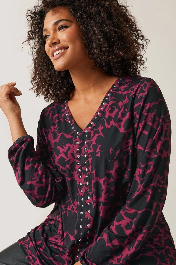 Büyük Beden V Yaka Uzun Kollu Taş Detaylı Desenli Bluz 615713 Vervegrand