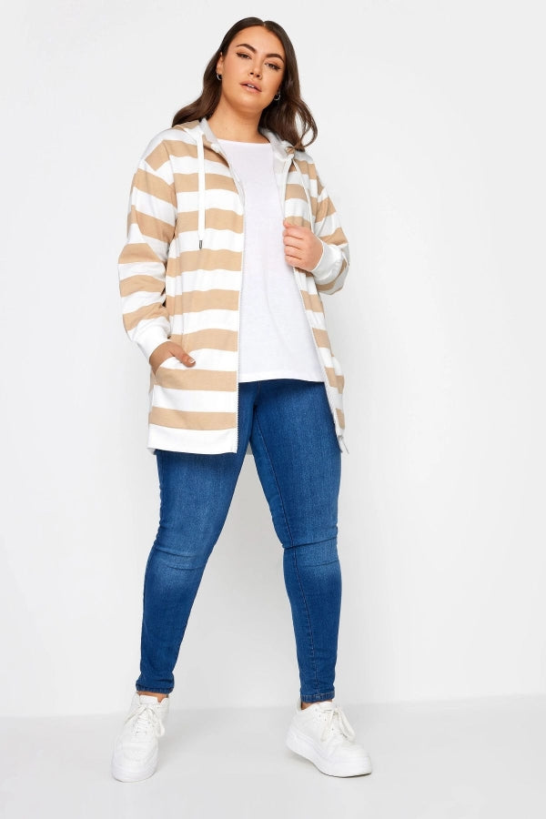 Büyük Beden Kapüşonlu Fermuarlı Çizgili Uzun Kollu Sweatshirt 302937 Vervegrand