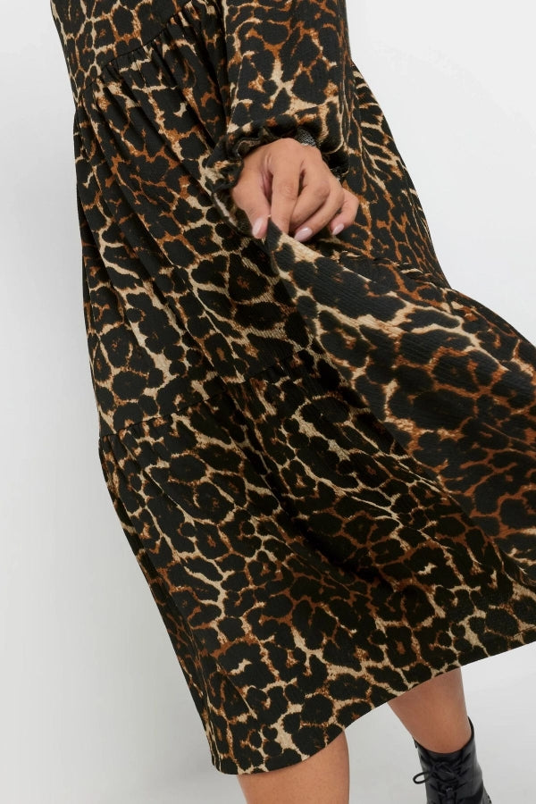 Büyük Beden Yumuşak Dokulu Leopar Desenli Balon Kol Elbise 270014 Vervegrand