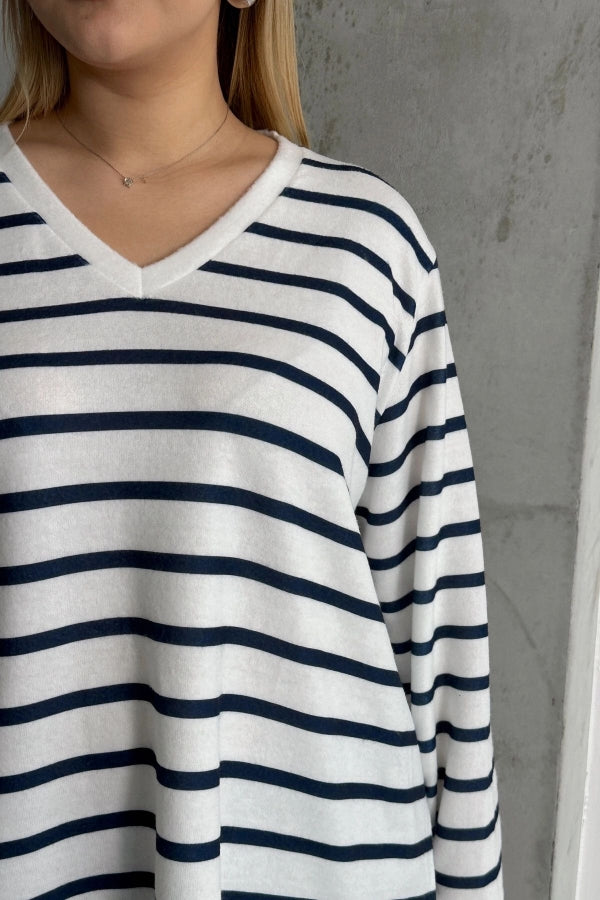 Büyük Beden Uzun Kollu Çizgili Mevsimlik T-shirt SD-1063 Vervegrand