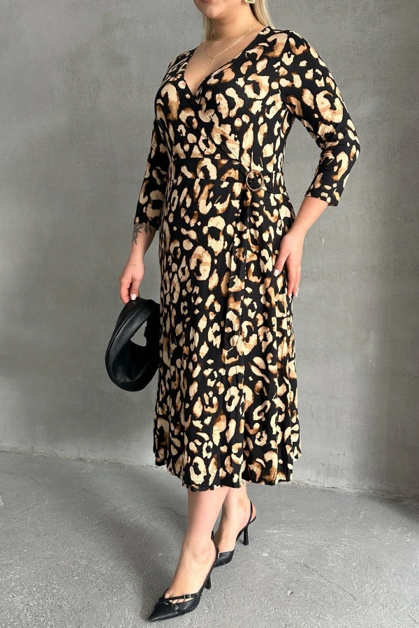 Büyük Beden Yarım Kollu V Yaka Kemer Detaylı Leopar Desenli Elbise 100-92 Vervegrand
