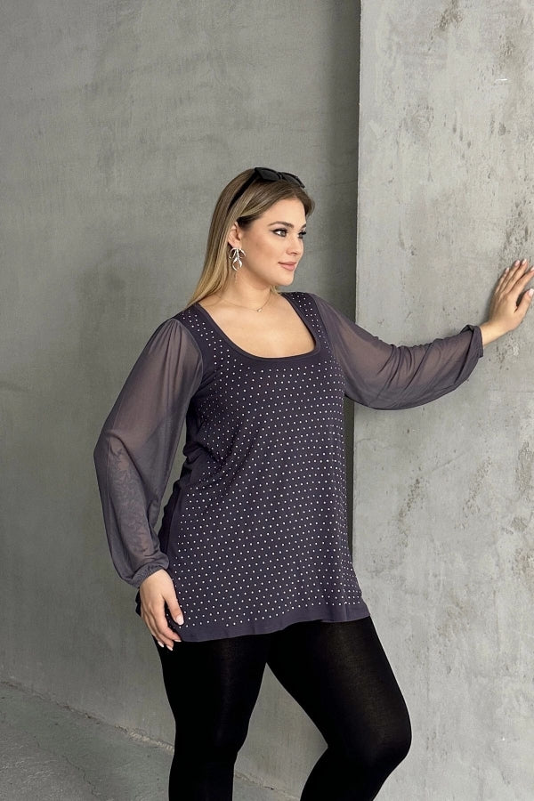 Büyük Beden Uzun Tül Kol Önü Taş İşlemeli Bisiklet Yaka Bluz 321850-U Vervegrand