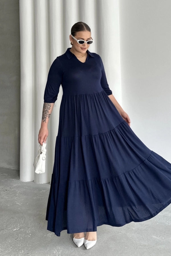 Büyük Beden V Yaka Yarım Kollu Beli Lastikli Uzun Elbise T44 Vervegrand