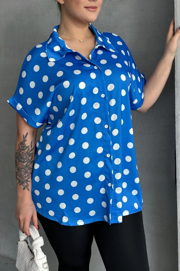 Büyük Beden Önü Düğmeli Kısa Kollu Puantiye Desenli Gömlek 303462 Vervegrand