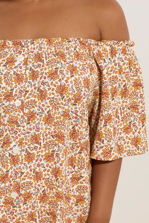 Büyük Beden Düşük Omuzlu Kısa Kollu Düğme Detaylı Desenli Bluz 322680 Vervegrand