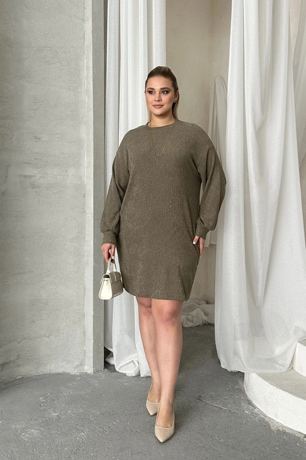 Büyük Beden Uzun Kollu Bisiklet Yaka Düz Kesim Elbise 100-190 Vervegrand