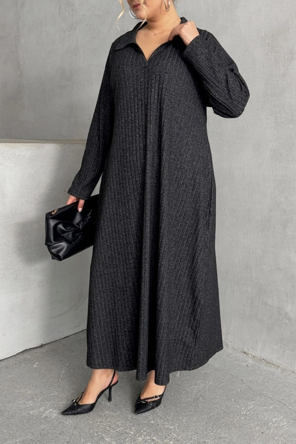 Büyük Beden V Yaka Uzun Kollu Fitilli Eteği Bollaşan Uzun Elbise 322181 Vervegrand