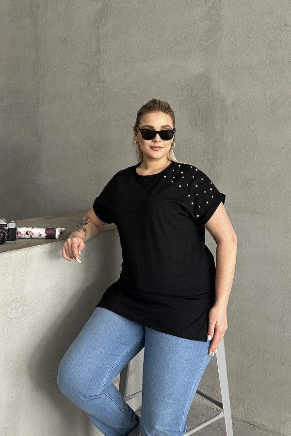 Büyük Beden Kısa Kollu Bisiklet Yaka Yanları Yırtmaçlı Boncuklu Basic T-shirt RFT-03 Vervegrand