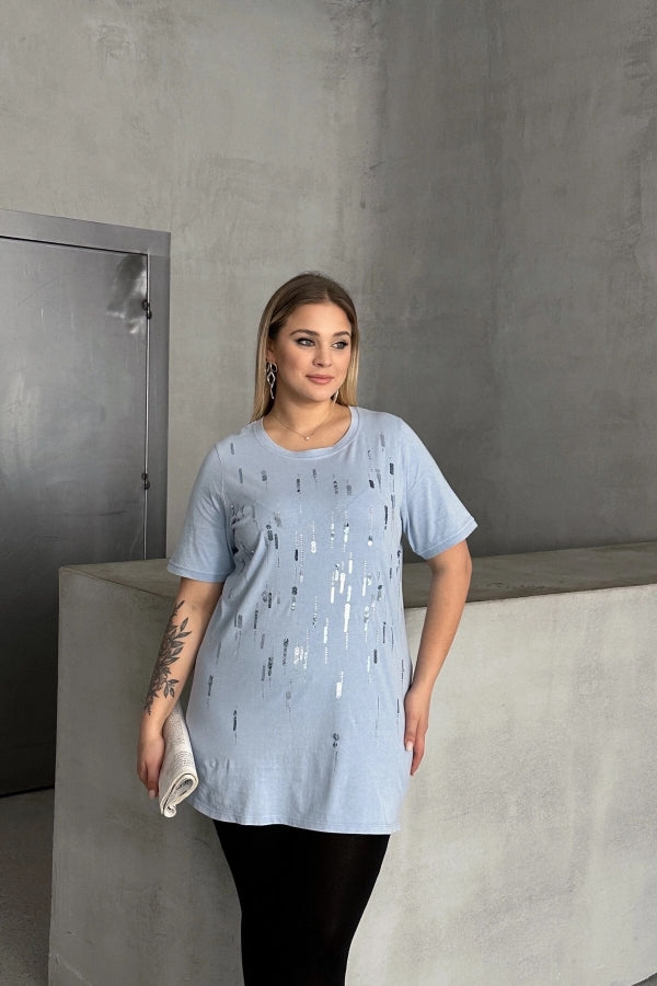 Büyük Beden Bisiklet Yaka Payet Süslemeli Kısa Kollu T-shirt 302015 Vervegrand