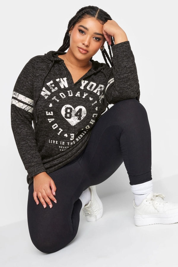 Büyük Beden V Yaka Baskılı Kapüşonlu Uzun Kollu Sweatshirt 302595 Vervegrand