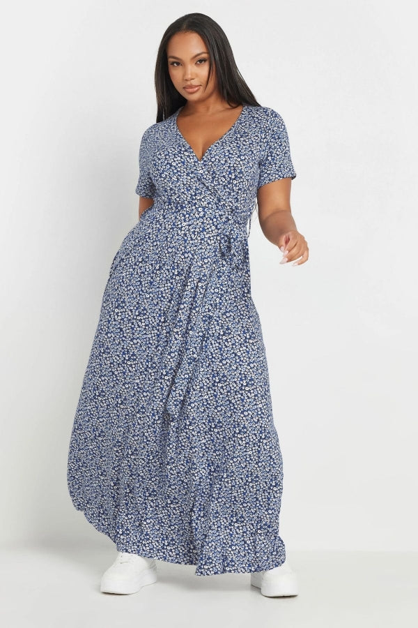 Büyük Beden V Yaka Kısa Kollu Önü Kuşaklı Maxi Elbise 303506 Vervegrand