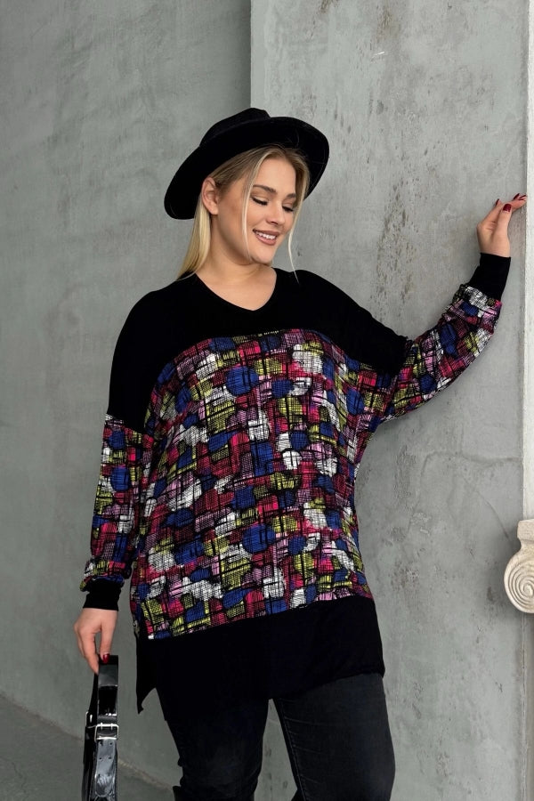 Büyük Beden Uzun Kollu V Yaka Yanı Yırtmaçlı Desenli Bluz 89-45 Vervegrand