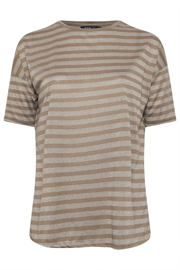 Büyük Beden Bisiklet Yaka Kısa Kollu Çizgili Yanları Yırtmaçlı T-shirt 303612 Vervegrand