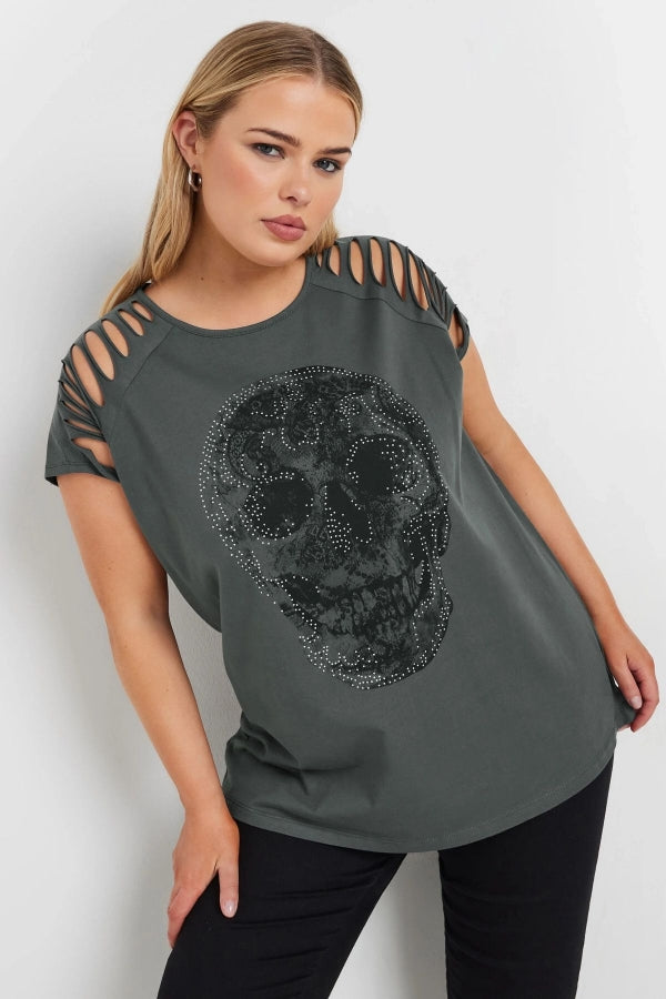 Büyük Beden Bisiklet Yaka Kesik Omuz Detaylı Taş Baskılı T-shirt 322123 Vervegrand