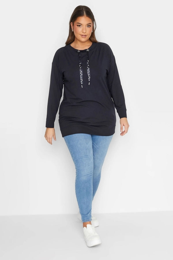 Vervegrand büyük beden siyah yıldız işlemeli ipli sweatshirt