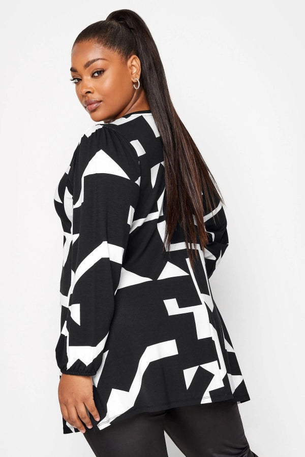 Büyük Beden Soyut Baskılı V Yaka Uzun Kollu Bluz 321228 Vervegrand