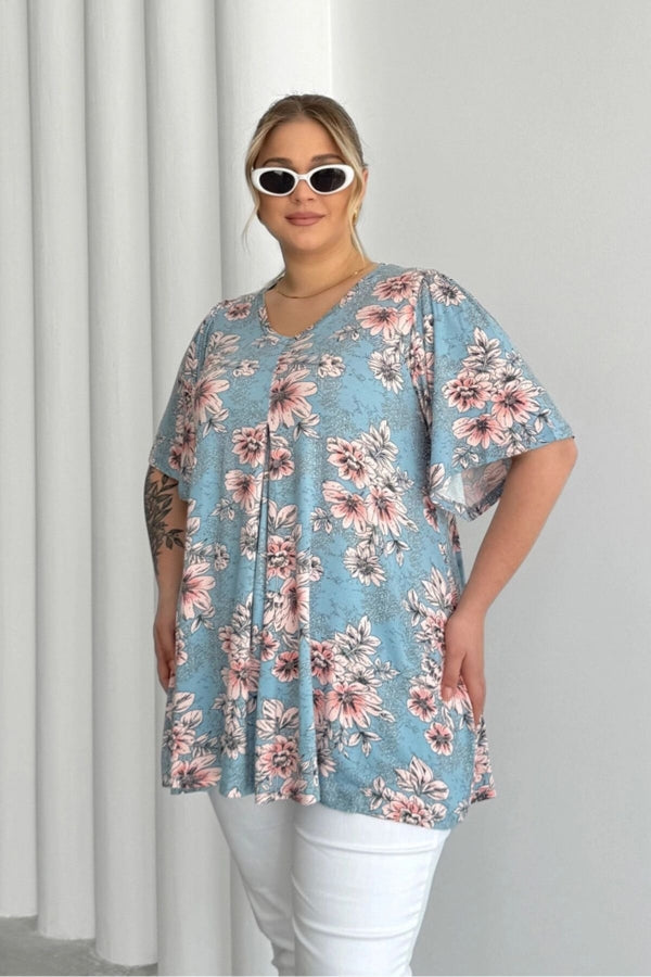 Büyük Beden V Yaka Kısa Kollu Eteği Bollaşan Desenli Bluz 101-44 Vervegrand