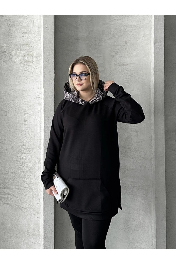 Büyük Beden Uzun Kollu Kapüşonlu Kanguru Cepli Yanları Yırtmaçlı Sweatshirt 300372 Vervegrand