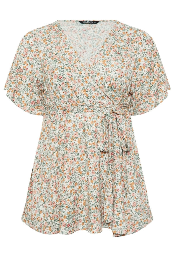 Büyük Beden Kısa Kollu V Yaka Önü Kuşaklı Desenli Eteği Bollaşan Bluz 321935 Vervegrand