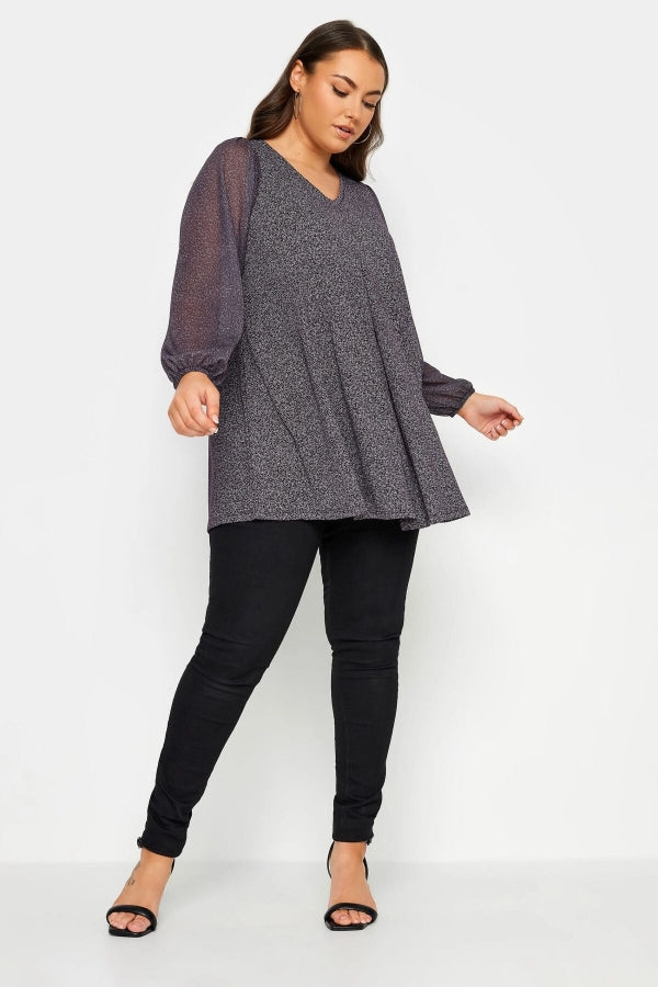 Büyük Beden Uzun Kolları Tül Detaylı Pileli V Yaka Bluz 302828 Vervegrand