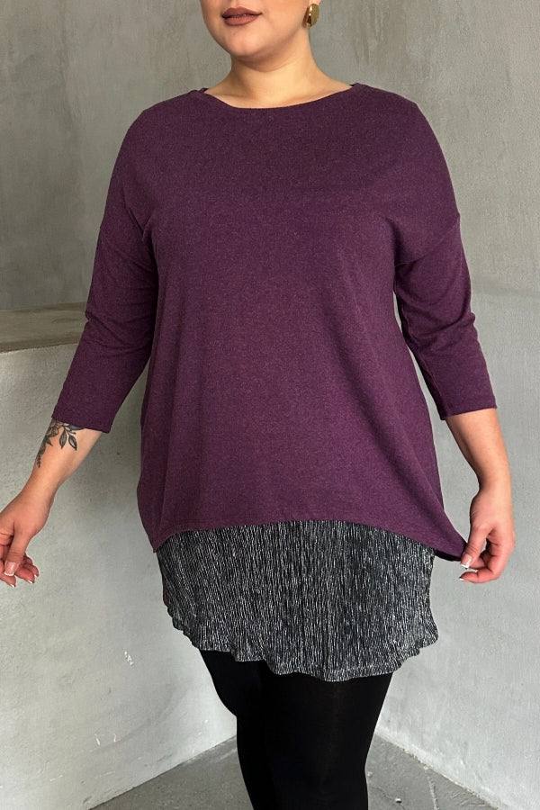 Büyük Beden Eteği Tül Detaylı Uzun Kollu İnce Bluz 84-106 Vervegrand