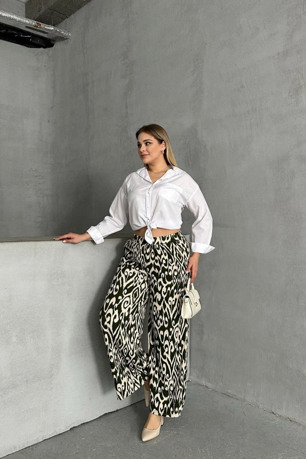 Haki Bej Büyük Beden Beli Lastikli Bol Paça Desenli Cepli Pantolon 303654 Vervegrand