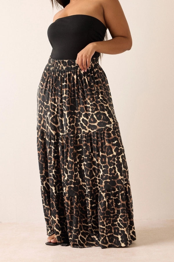 Büyük Beden Bürümcük Kumaş Leopar Desenli Beli Lastikli Etek 304237 Vervegrand