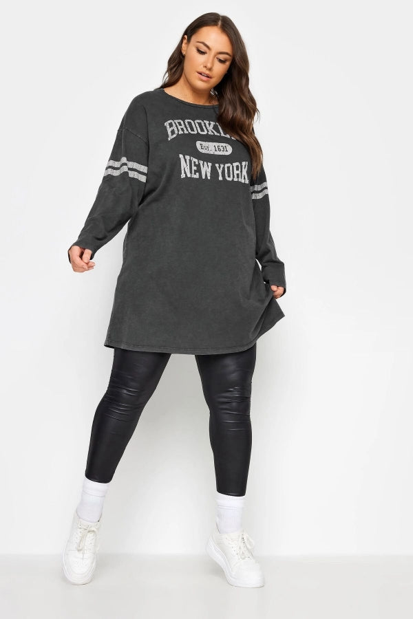 Büyük Beden Bisiklet Yaka Uzun Kollu Baskılı Yıkamalı T-shirt 302843 Vervegrand