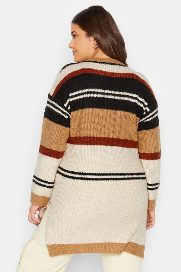 Büyük Beden Çizgili Yuvarlak Yaka Yırtmaç Detaylı Triko Kazak 301829 Vervegrand