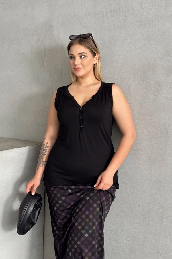 Sıfır Kol Desenli V Yaka Önü Düğmeli Uzun Kesim Bluz 30060 Vervegrand