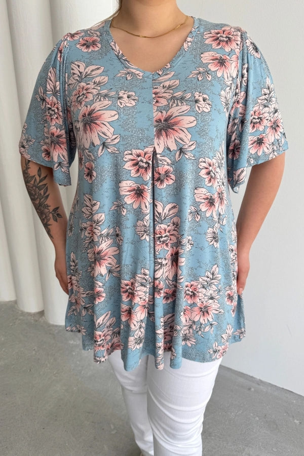 Büyük Beden V Yaka Kısa Kollu Eteği Bollaşan Desenli Bluz 101-44 Vervegrand