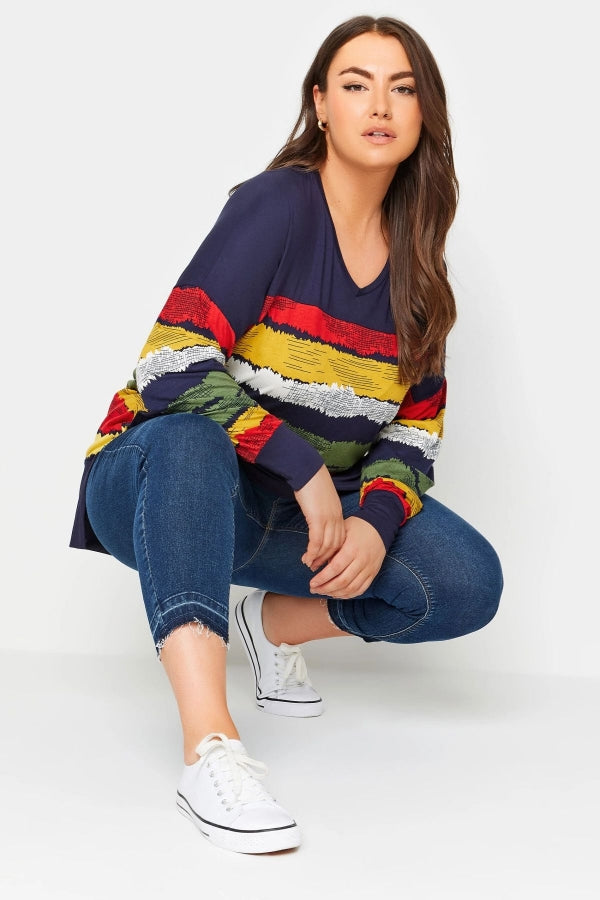 Büyük Beden V Yaka Çizgili Yanları Yırtmaçlı Uzun Kollu Bluz 303117 Vervegrand