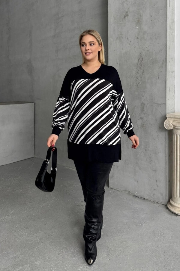 Büyük Beden V Yaka Uzun Kollu Bileği Lastikli Yırtmaçlı Bluz 303085 Vervegrand