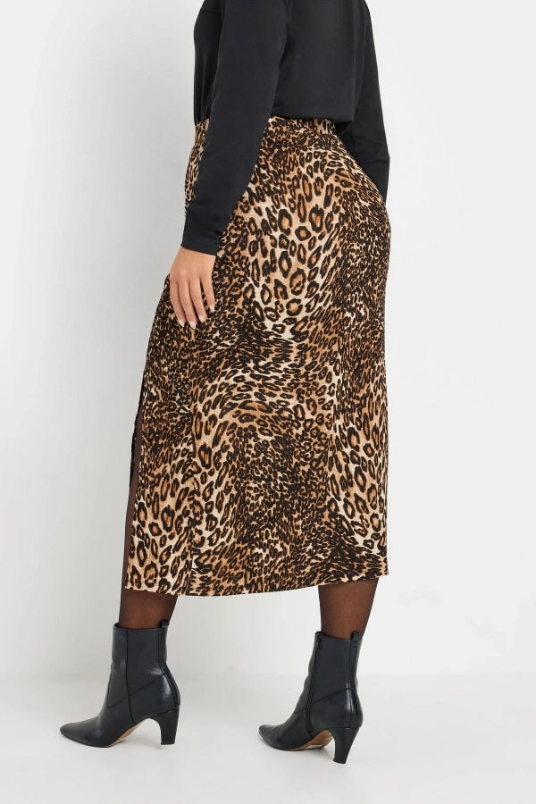 Büyük Beden Beli Lastikli Yırtmaçlı Leopar Desenli Midi Boy Etek 303706 Vervegrand