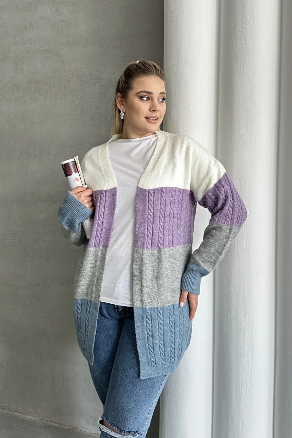 Büyük Beden Uzun Kollu Önü Kapamasız Renk Bloklu Triko Hırka 302148 Vervegrand