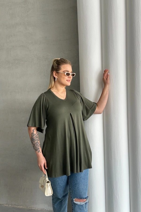 Büyük Beden V Yaka Desensiz Asimetrik Kesim Likralı Bluz MDL-4 Vervegrand