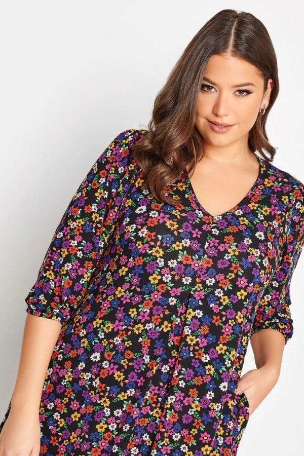 Büyük Beden V Yaka Desenli Yarım Kollu Cepli Elbise 302743 Vervegrand