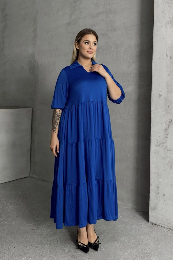 Büyük Beden V Yaka Yarım Kollu Beli Lastikli Uzun Elbise 302149 Vervegrand