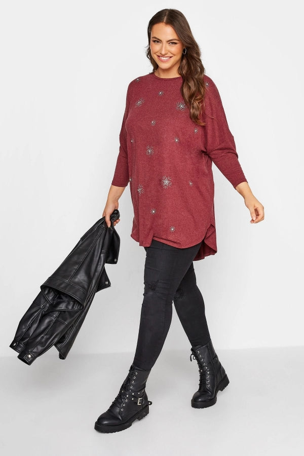 Büyük Beden Yıldız Taş İşleme Detaylı Bisiklet Yaka Yarasa Kol Bluz 300221 Vervegrand