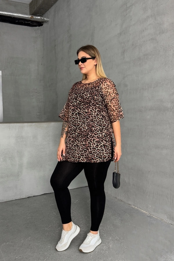 Büyük Beden Bisiklet Yaka Yarım Kollu Astarlı Transparan Bluz 303631 Vervegrand