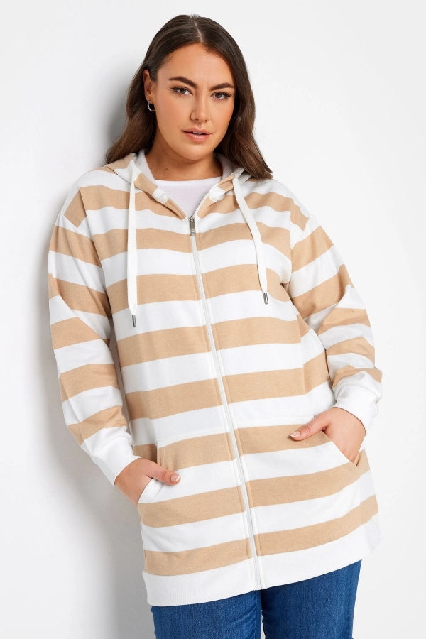 Büyük Beden Kapüşonlu Fermuarlı Çizgili Uzun Kollu Sweatshirt 302937 Vervegrand