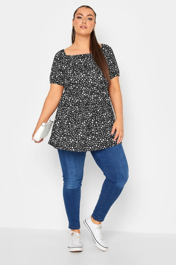 Büyük Beden Düğme Detaylı Kare Yaka Desenli Esnek Bluz 215849 Vervegrand